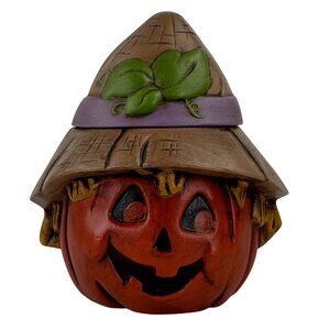 Vintage Ceramic Pumpkin Jar 5.5" With Scarecrow Hat Lid Harvest Jack-O-Lantern